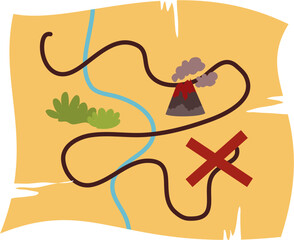 Cartoon Treasure Map: Winding Path, Smoking Volcano, and Marked 