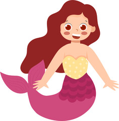 Happy Mermaid with Pink Tail and Yellow Scallop Top, Cartoon Illustration