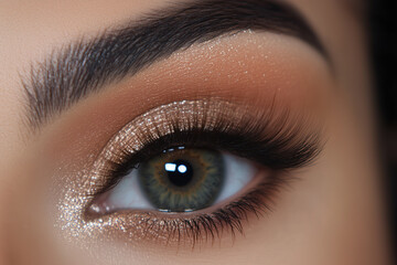 Fototapeta premium Macro close-up of beautiful woman's blue eyes with striking eyelashes and eyebrows
