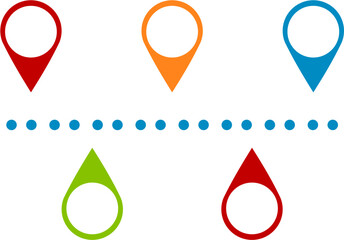 Colorful Location Markers: Map Pin Icons with Dotted Line, Isolated on White.