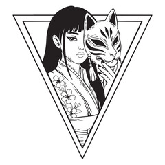 illustration art black and white hand drawn japanesse girl wearing kimono and holding kitsune fox mask