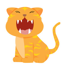 Cartoon Tiger Cub: Joyful Roar, Open Mouth, Striped Orange Fur, White Background.