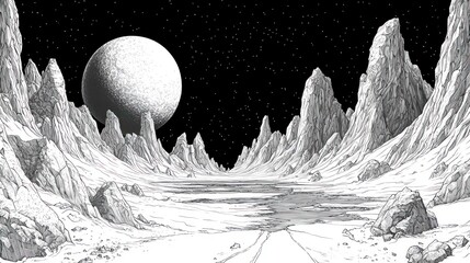 Whimsical Black and White Fantasy Landscape with Mountains and Celestial Body in Cartoon Style