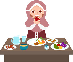 Cartoon girl in hijab eating Iftar meal.