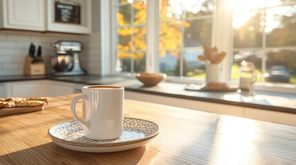 Obraz premium a coffee cup on a plate in a sunlit kitchen, with dramatic lighting casting shadows, Emphasize triumph and exuberance.
