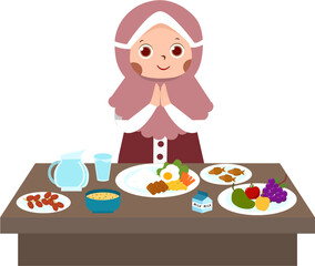 Girl in hijab with Iftar meal: dates, rice, fruit, and drink.