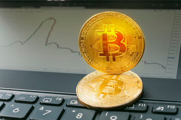 Golden bitcoin cryptocurrency blockchain digital market price chart background with clipping path. bitcoin low price. the concept of the fall of the cryptocurrency market