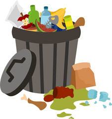Overflowing Trash Bin with Food Waste and Spillage Illustration