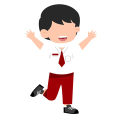 Joyful Cartoon Boy in School Uniform, Arms Raised, Cheerful Expression.