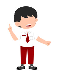 Enthusiastic student in uniform, pointing upward, bright illustration.