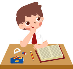 Pensive Student at Desk with Open Book and School Supplies.