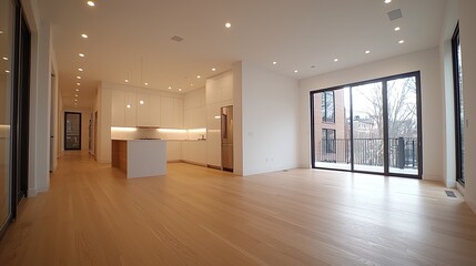 Obraz premium A sleek contemporary home with minimalist architecture, Capture a full-body portrait from a fish-eye lens perspective,