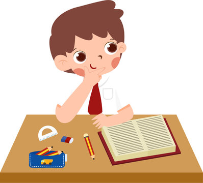 Pensive student at desk, open book, school supplies, cartoon illustration.