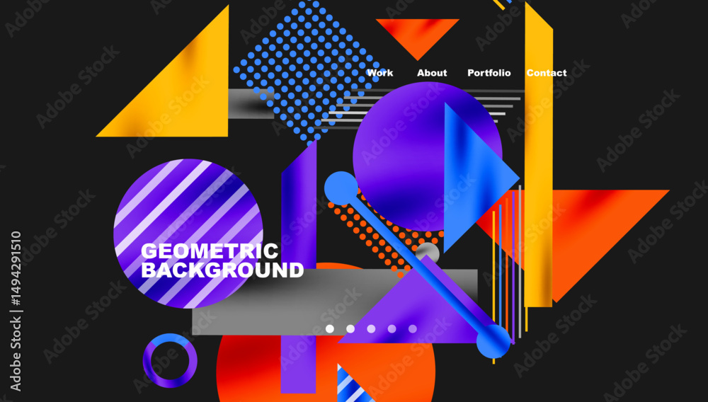 Aufkleber Abstract geometric design. Vibrant colors, shapes overlap creating modern visual experience. Text elements present, dark background dominates.