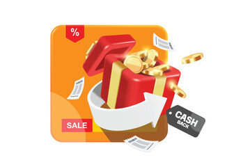 A white arrow spins around a red gift box filled to the brim with gold coins, featuring a cash back promotion tag hanging on the side, vector 3d illustration isolated for banner advertising design