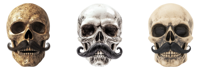 Decorative Skull Collection with Moustaches Unique and Artistic Isolated Transparent Background