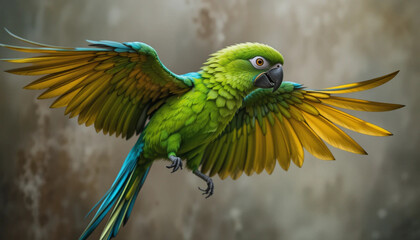 Fototapeta premium Vivid Green Parrot in Mid-Flight Against a Textured, Neutral Background