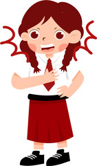 Excited schoolgirl with braids, red tie, and radiating energy, cartoon illustration.