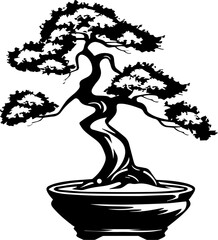 Bonsai Tree Vector, Minimalist Black and White Plant Silhouette Illustration