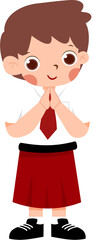 Cartoon Schoolboy with Hands in Namaste Gesture, Red Skirt and Tie.