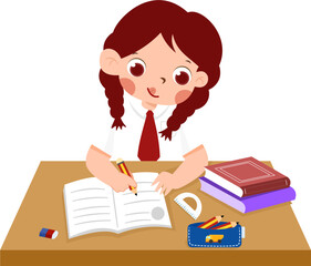 Girl with Braids Studying, School Uniform, Desk with Books and Stationery
