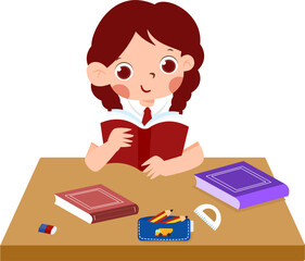 Girl Reading Book at Desk with Stationary