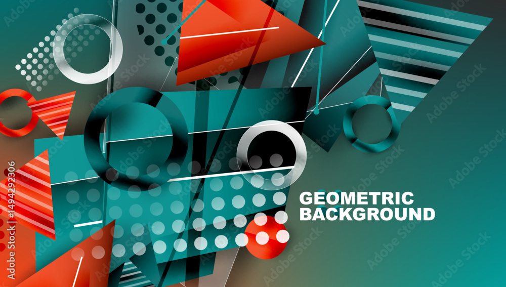 Leinwandbilder abstract geometric composition. teal, gray, red shapes overlap creating dynamic visual effect. moder