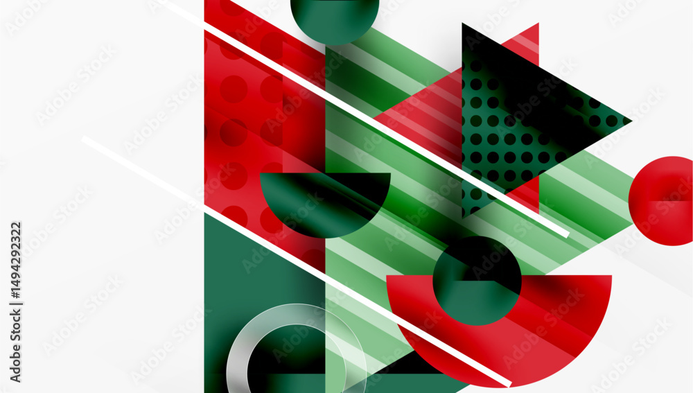 Poster Abstract geometric composition. Red, green, black shapes overlap. Lines create dynamic visual interest. Modern design elements present.