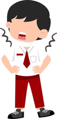 Upset Schoolboy Cartoon with Hands on Hips, Red Tie and Uniform.