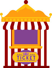 Whimsical Ticket Booth: Striped Canopy, Ornate Gold Trim, Purple Panel, Fun Fair Illustration.