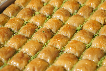 Delicious baklava displayed at a local market in autumn