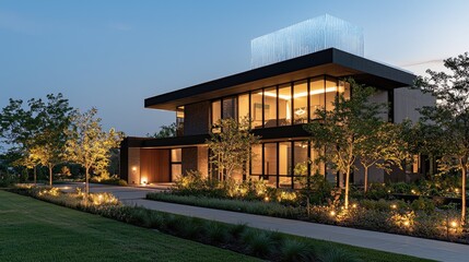 Chic contemporary city home, sleek minimalist design, sophisticated urban dwelling, radiant sunny tones, icy blue hues, vivid top-down illumination.