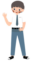 Cartoon Boy in School Uniform, Waving Hand, Isolated on White.