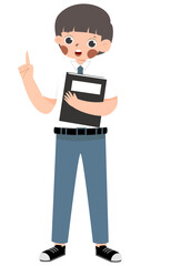 Cartoon Student with Notebook, Pointing Upwards in Uniform.