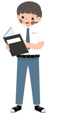 Smiling Schoolboy in Uniform Reading a Book, Full Length Illustration.