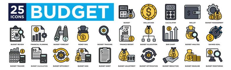 budget icon collection set. Containing design Budget, Dollar Sign, Calculator, Wallet, Budget Management,