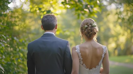 Back View of Bride and Groom Walking Through Lush Green Forest in Natural Sunlight for Wedding Day