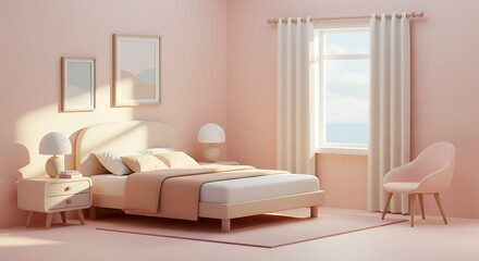 minimal bedroom interior with home decoration mock up, cozy coastal stylish furniture, fortable bed, modern design background with subject at the top, in shimmering style under morning radiance