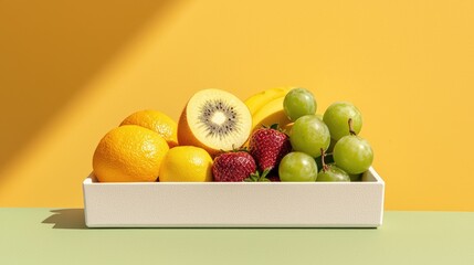 Create a vibrant flat design of a bountiful fruit display in a white container, featuring ripe fruits in bright mint green hues, Emphasize healthy harvest choices 