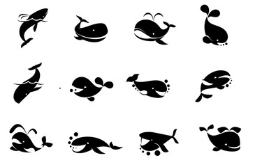 Funny black whale icons, ocean animal symbols set