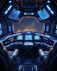 Sci-fi spacecraft interior with clean glowing dashboard