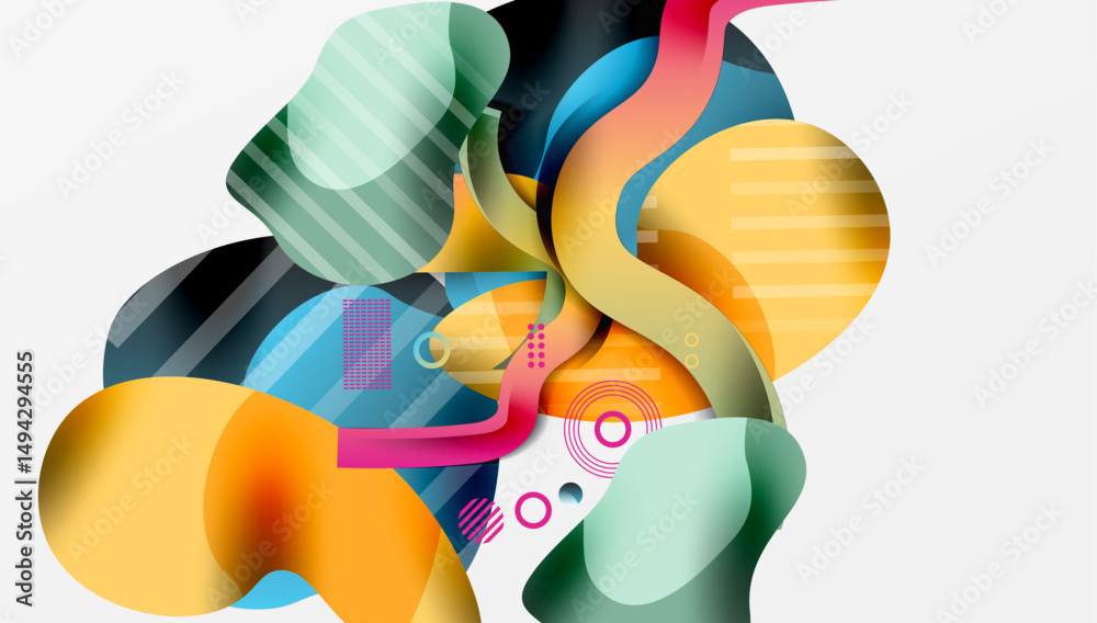 Poster Abstract composition. Overlapping colorful shapes create dynamic visual experience. Modern design, vibrant hues, flowing forms.