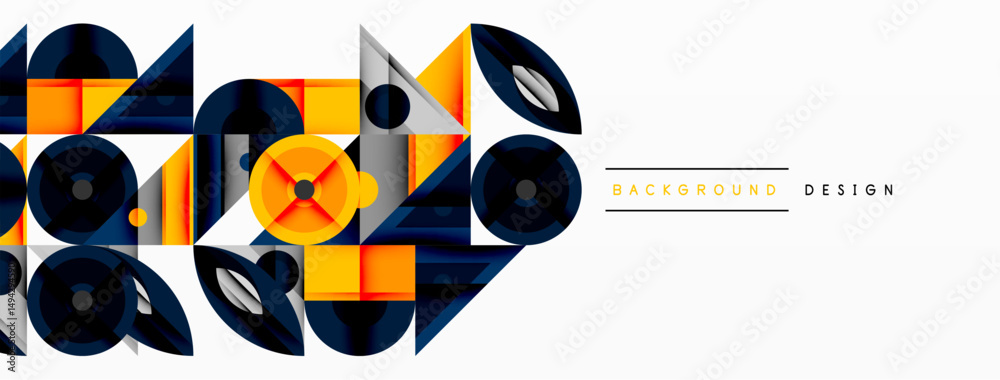 Poster Abstract geometric shapes, vibrant colors, modern design. Composition features overlapping elements, creating dynamic visual effect.