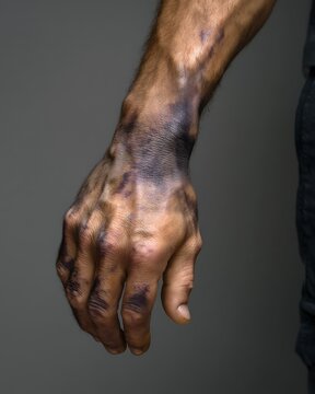 a hand and forearm showing deep bruises and swelling, clinical documentation style, no distractions in background,