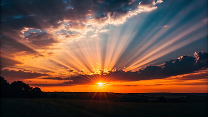 Naklejka premium Majestic Sunset Rays of Light Breaking Through Dramatic Cloudscape