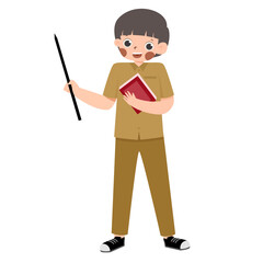 Cartoon Teacher Holding Book and Pointer, Brown Uniform.