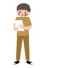 Cartoon figure in brown uniform holding a blank document, isolated.