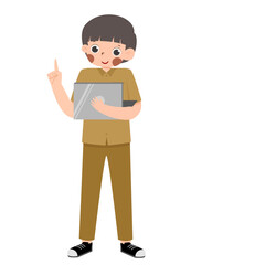 Cartoon figure in tan uniform holding tablet, pointing upward.