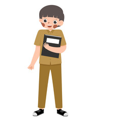 Cartoon Character in Khaki Uniform Holding Notebook, Smiling.