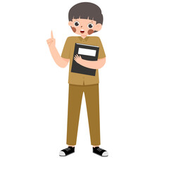 Cartoon Figure: Young Person in Tan Uniform Holding Book, Pointing Upward